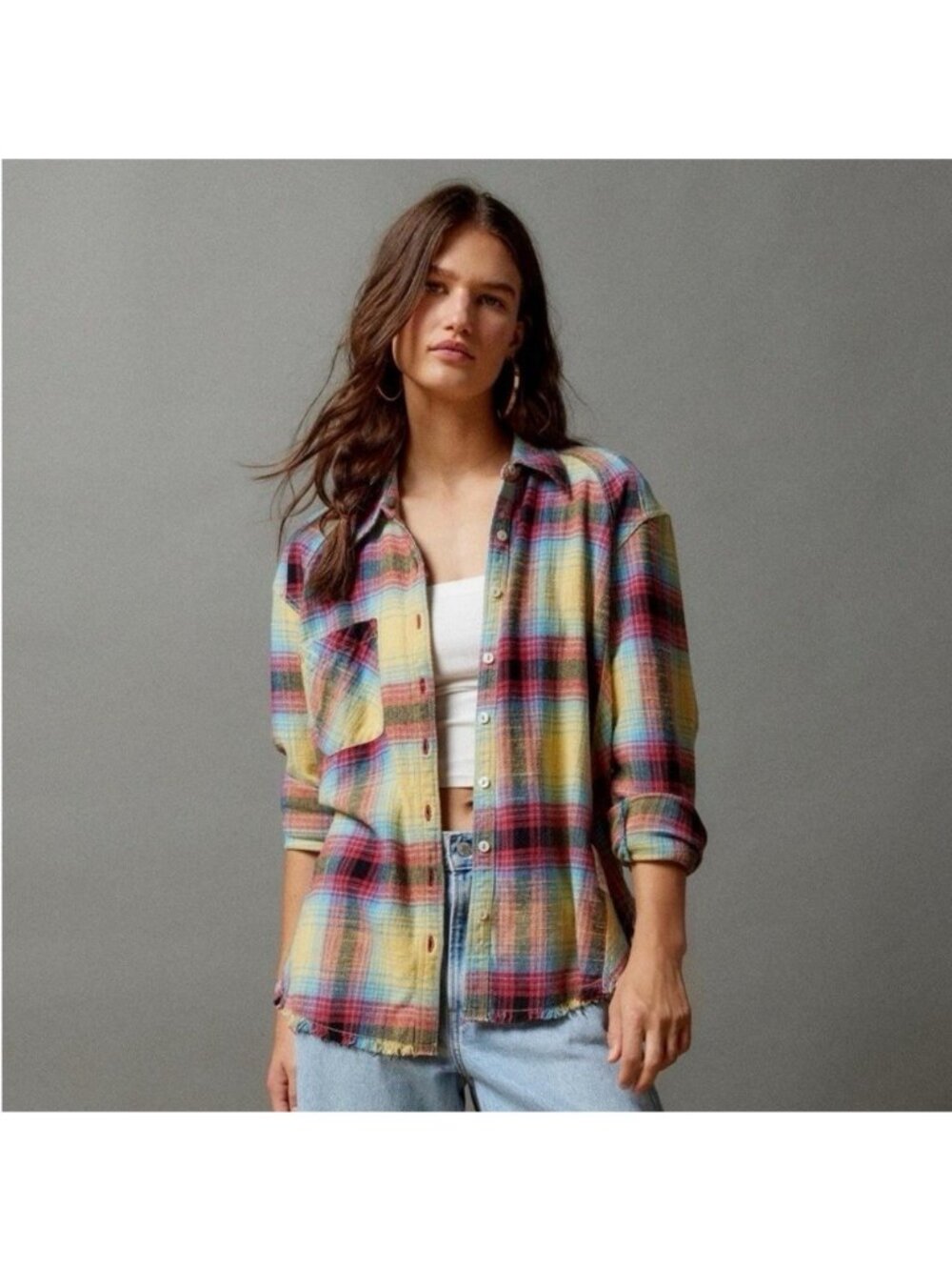 BDG Urban Outfitters Women’s XL Plaid Flannel Shirt Raw Hem Yellow Blue